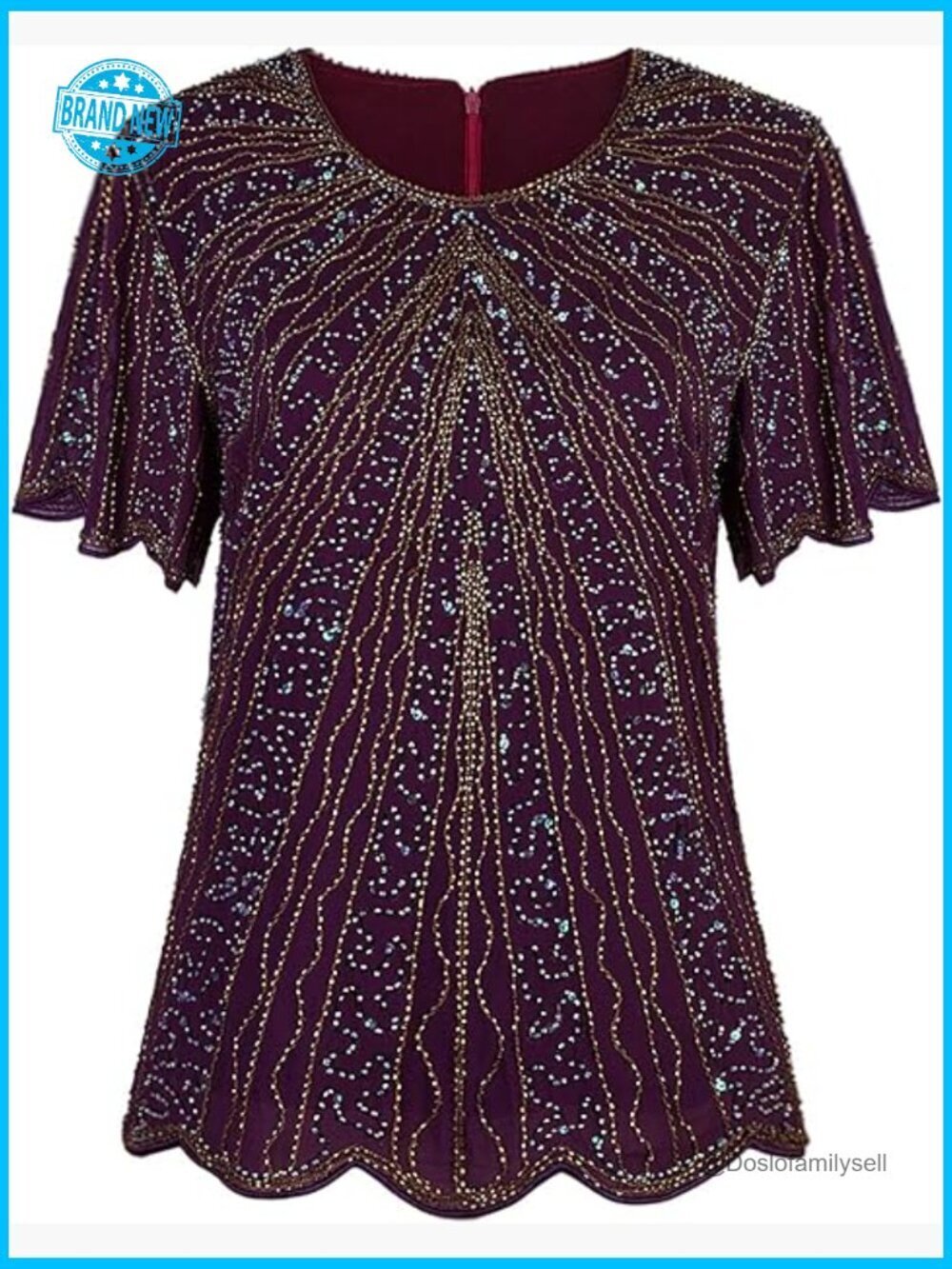 Vintage Beaded Sequin Tunic Blouse Art Deco Scalloped Hem Evening Top Short